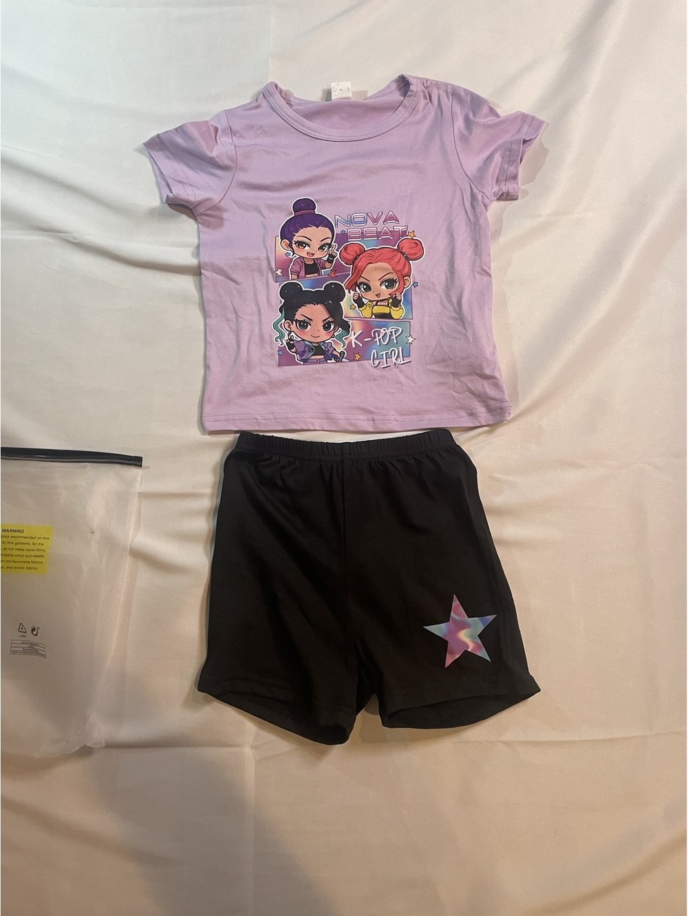 SHEIN Toddler Girls K-Pop Nova Beat Outfit Set Purple Shirt Black Shorts 18-24M